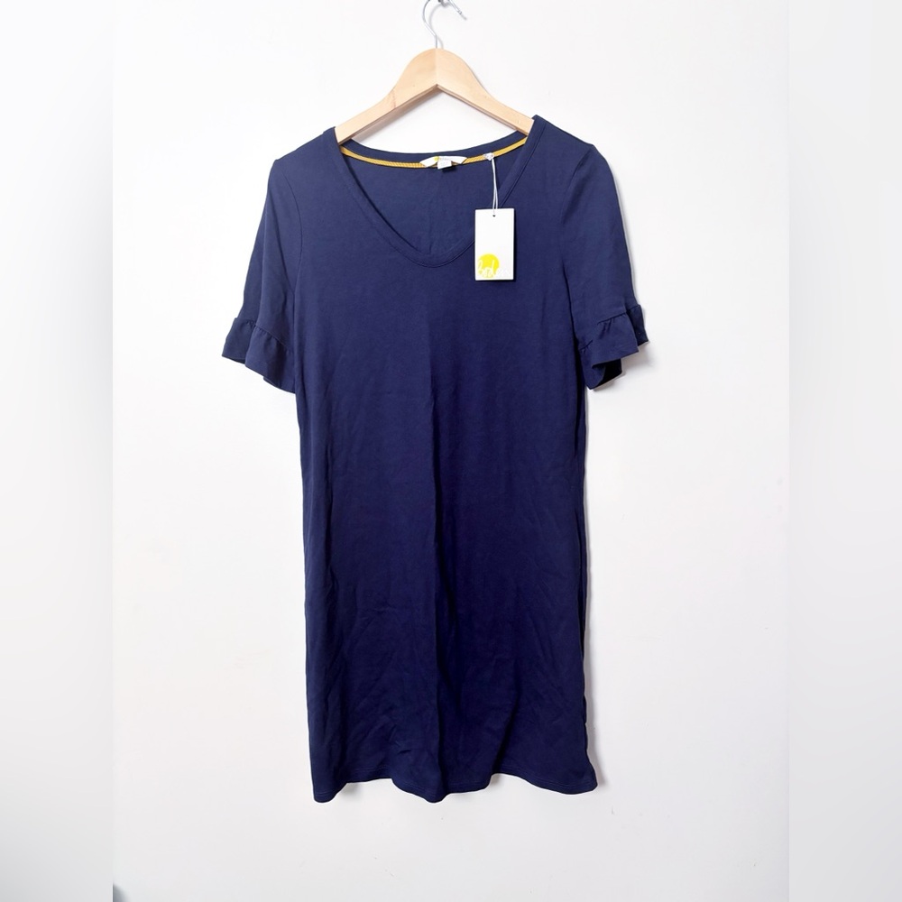 NWT! Boden Ruffle Short Sleeve Jersey Dress - Size 8P- Navy v neck